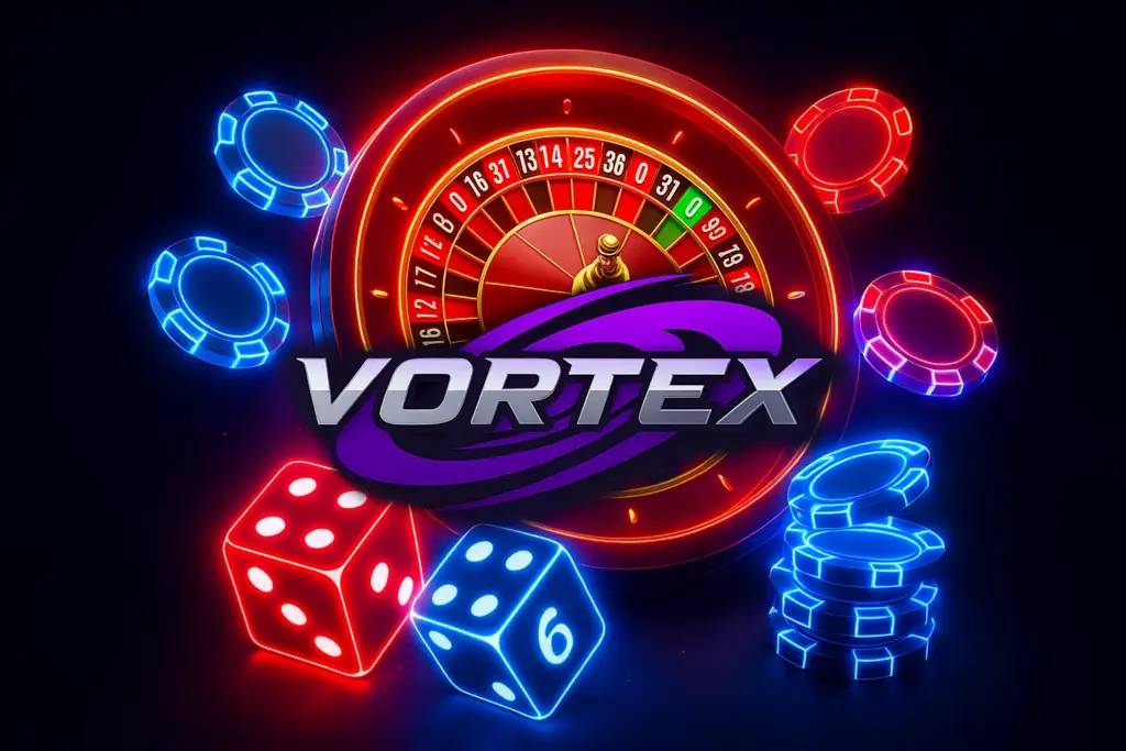 A vibrant casino-themed graphic featuring a glowing roulette wheel with numbers, surrounded by neon-lit casino chips in blue and red, and two dice showing a four and a six. The word "VORTEX" is prominently displayed in the center with a purple swoosh design